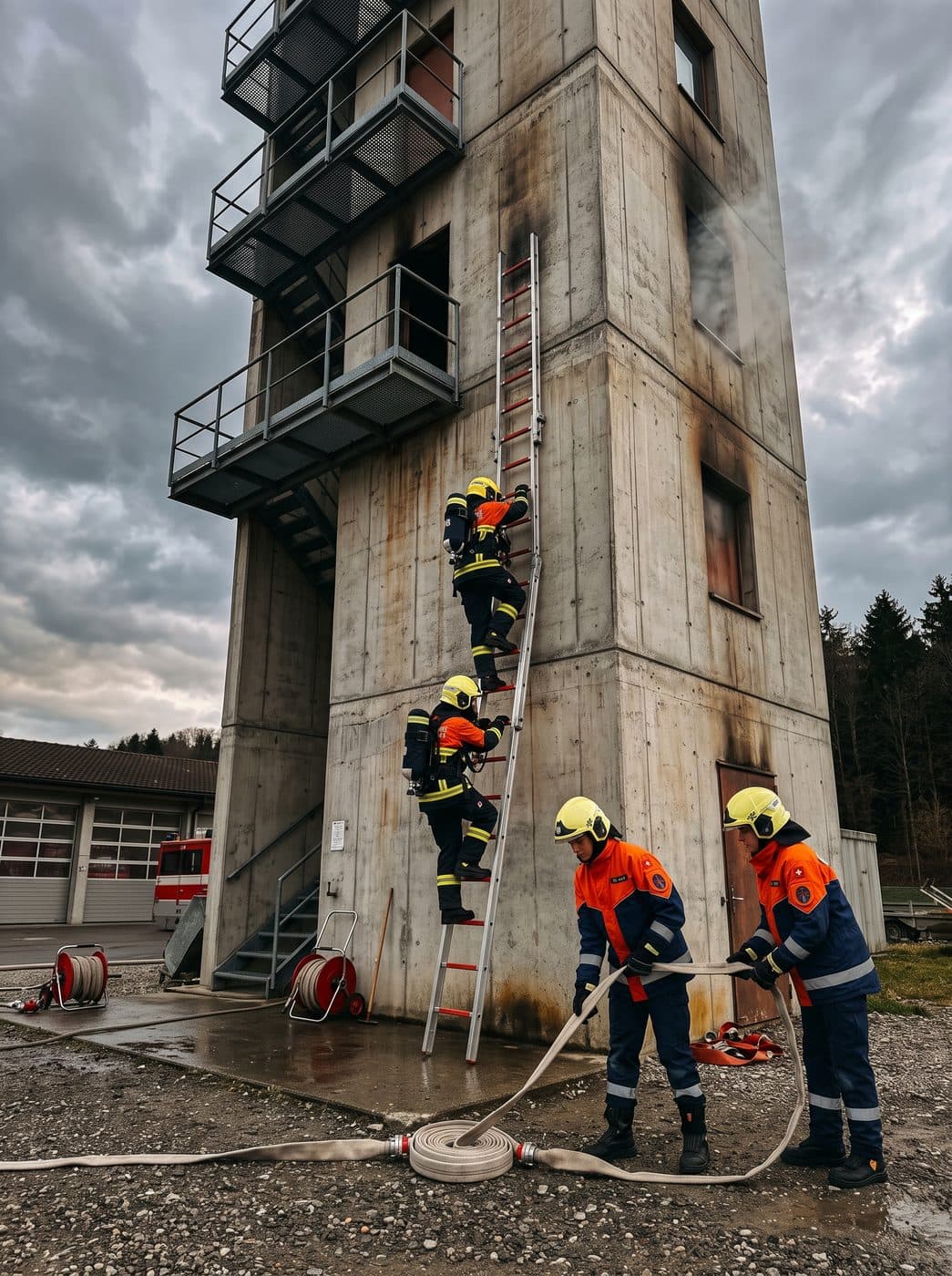 Jugendliche beim Grundkurs Feuerwehr am Übungsturm