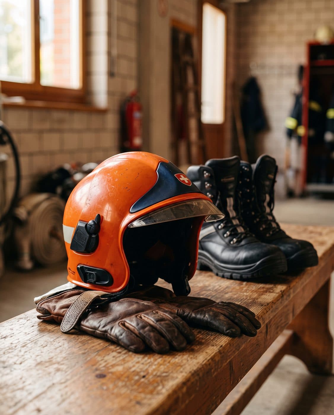 Helm, Handschuhe und Stiefel der Jugendfeuerwehr-Ausrüstung