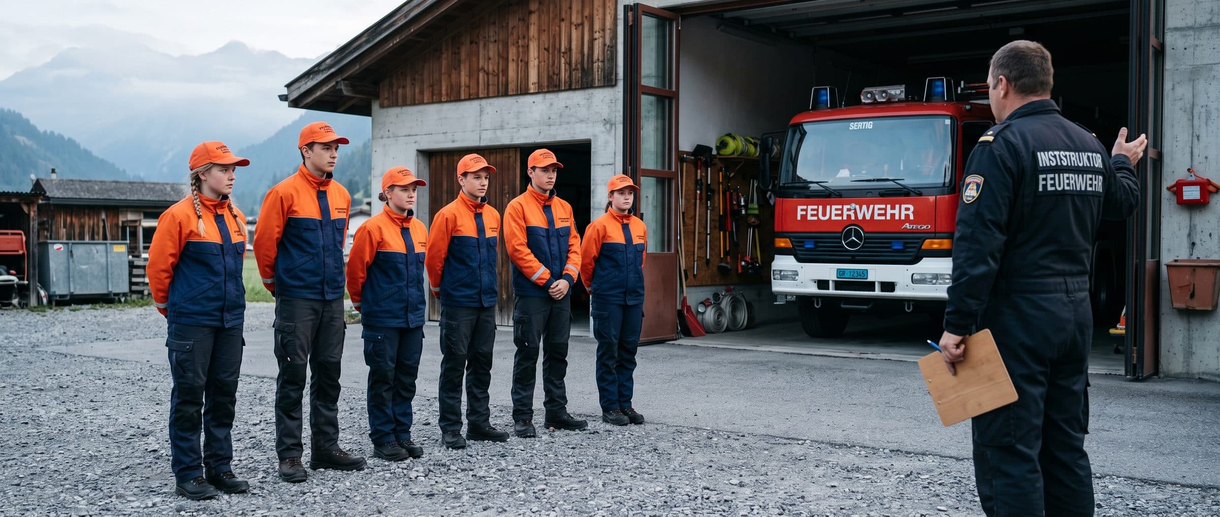 Jugendfeuerwehr-Cadets stehen beim morgendlichen Antreten vor dem Depot