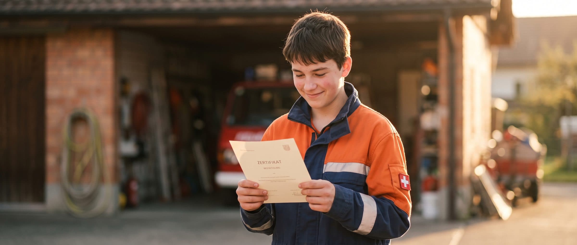 Jugendlicher hält stolz sein Erste-Hilfe-Zertifikat vor dem Feuerwehrdepot